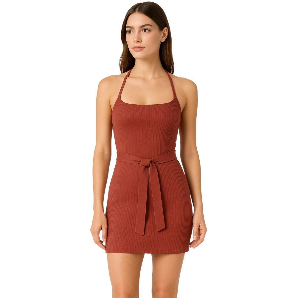 Aster Rust Ribbed Minimalist Modern SW6988 Belted Dress Womens Small